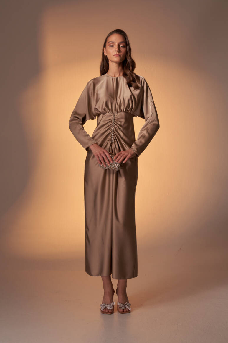 Perla Taşlı Saten Abiye Elbise Vizon - EMNORA