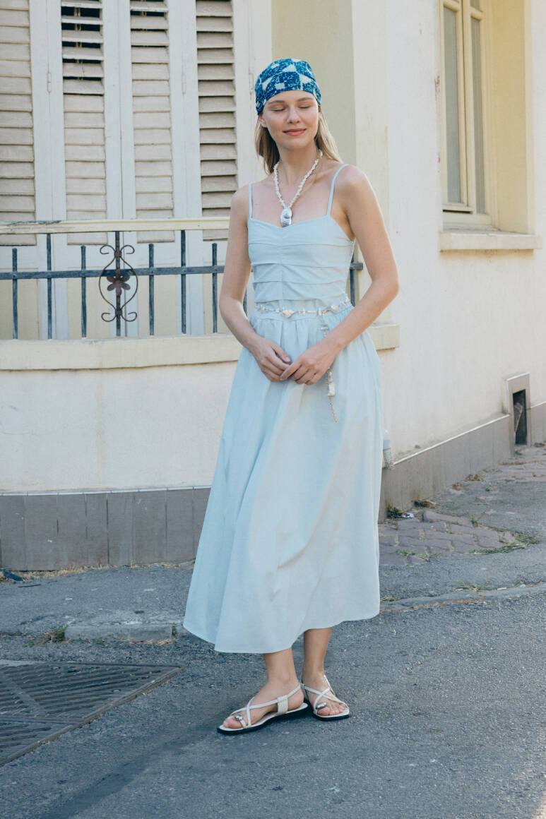 Pileli Askılı Elbise Soft Mavi - 9