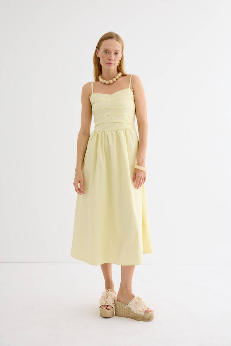 Pileli Askılı Elbise Soft Sarı - EMNORA