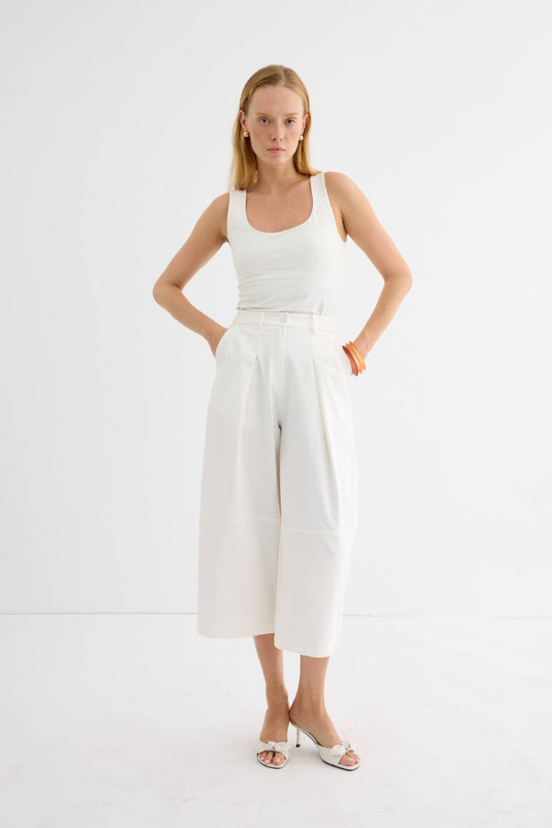 Pileli Balon Pantolon Ekru - EMNORA