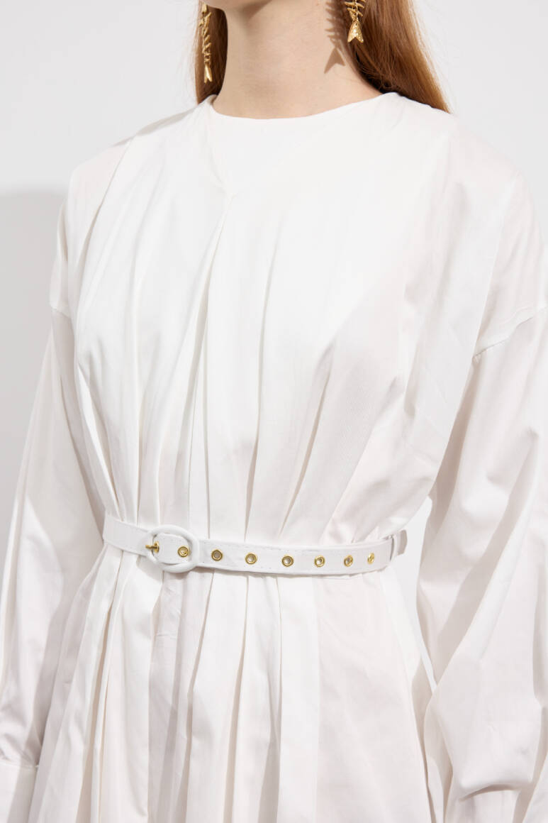 Pileli Kaplama Kemerli Elbise Beyaz - 9