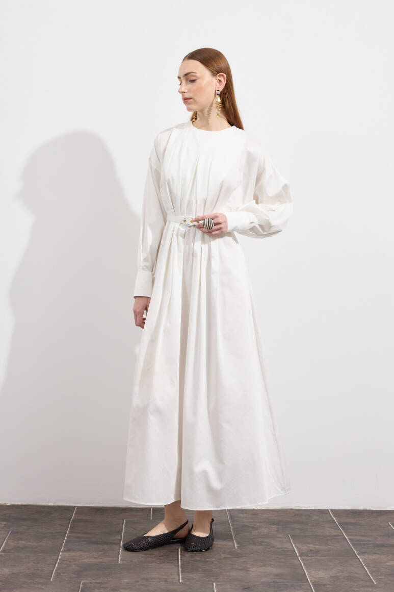 Pileli Kaplama Kemerli Elbise Beyaz - 10