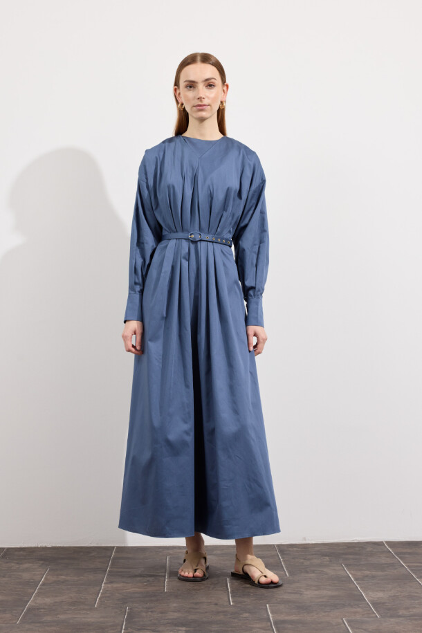 Pileli Kaplama Kemerli Elbise İndigo Mavi - EMNORA