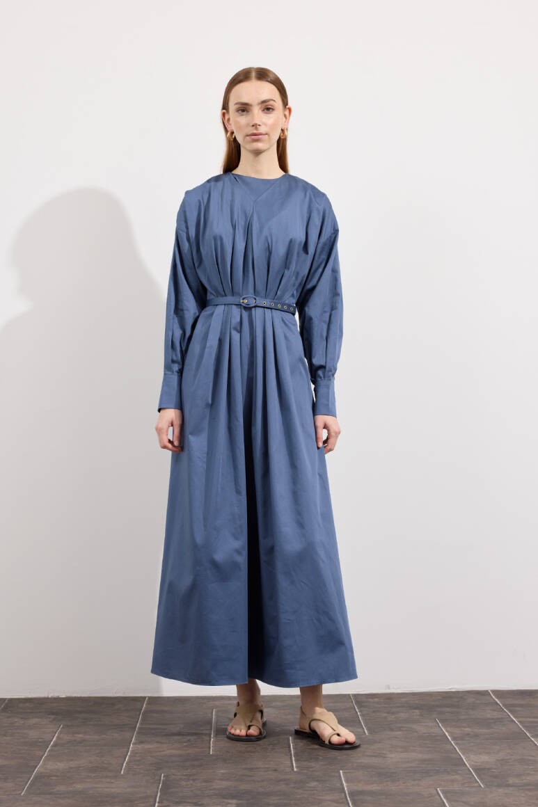 Pileli Kaplama Kemerli Elbise İndigo Mavi - EMNORA