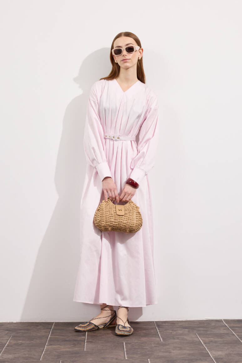 Pileli Kaplama Kemerli Elbise Soft Pembe - EMNORA