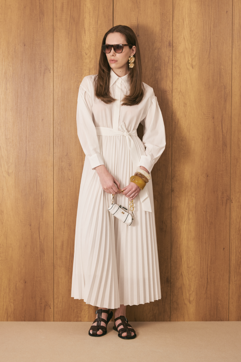 Pilili Poplin Elbise Beyaz - EMNORA