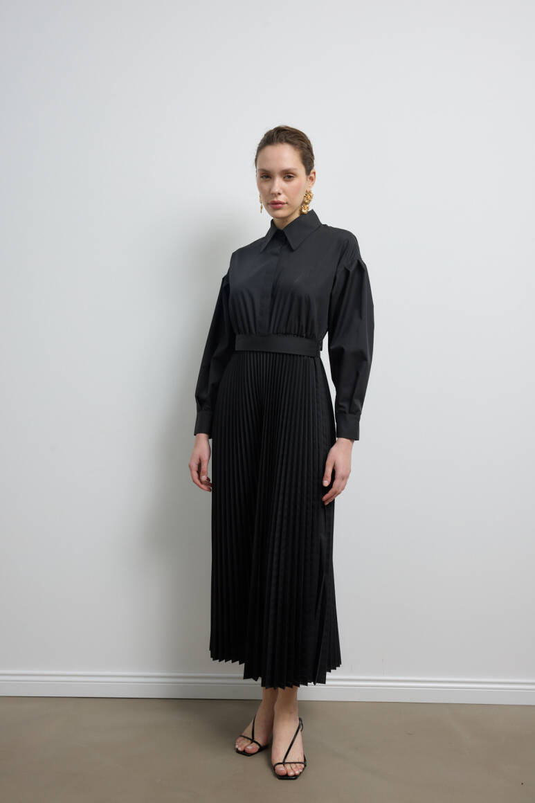 Pilili Poplin Elbise Siyah - EMNORA