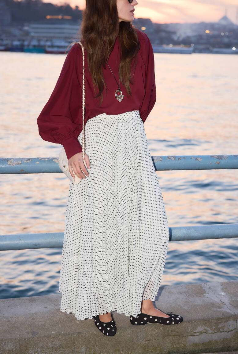 Piliseli Şifon Etek Beyaz Puantiye - 6