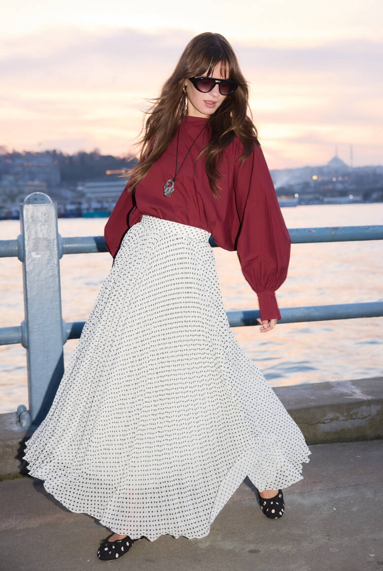 Piliseli Şifon Etek Beyaz Puantiye - 9