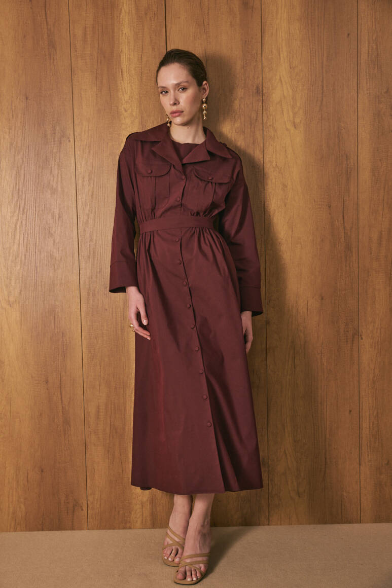 Poplin Trenç Elbise Burgonya - EMNORA