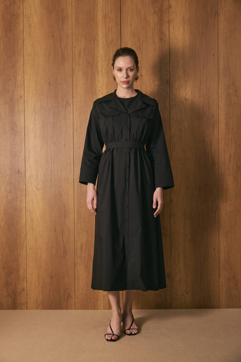 Poplin Trenç Elbise Siyah - EMNORA