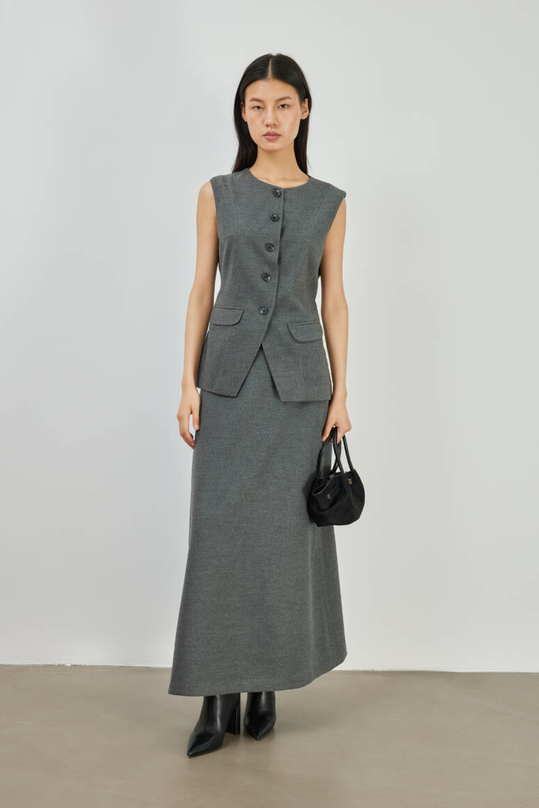 Premium Yelekli Kaşe Etek Takım Füme - EMNORA