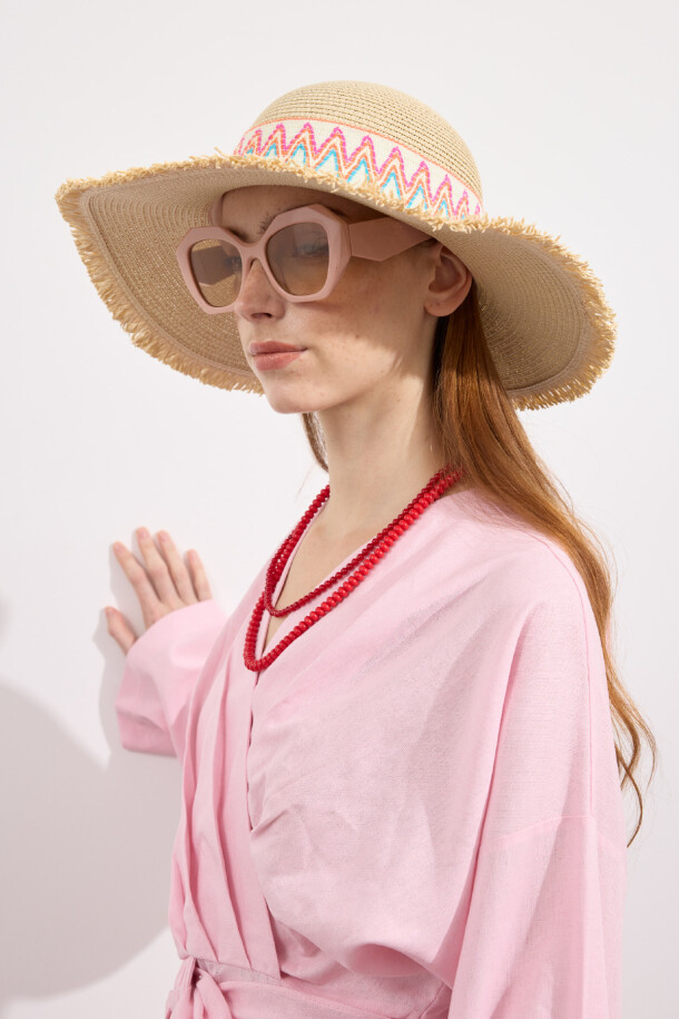 Püsküllü Etnik Hasır Şapka Natürel - EMNORA (1)