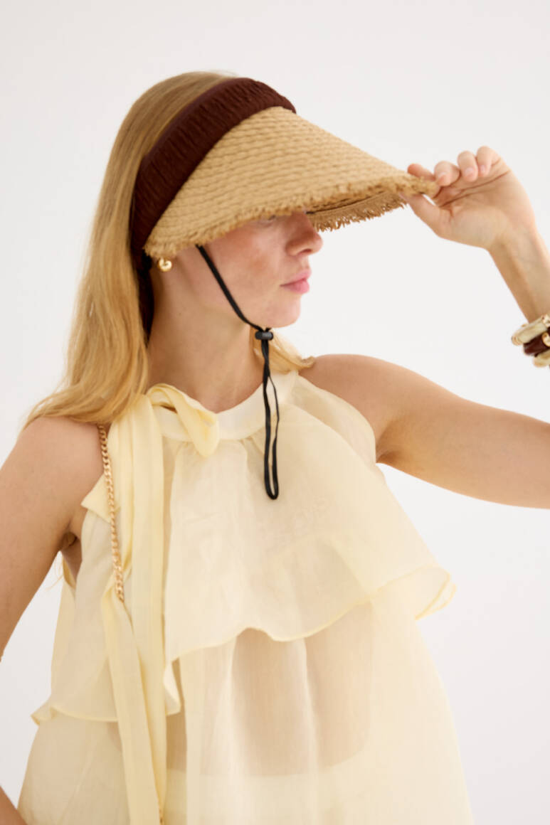 Püsküllü Hasır Vizör Şapka Acı Kahve - EMNORA