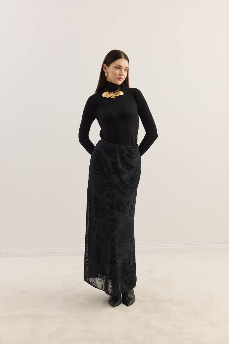 Şal Desenli Tül Etek Siyah - EMNORA