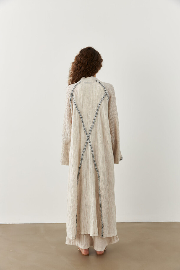 Şerit Detaylı Uzun Kimono Ekru - 5