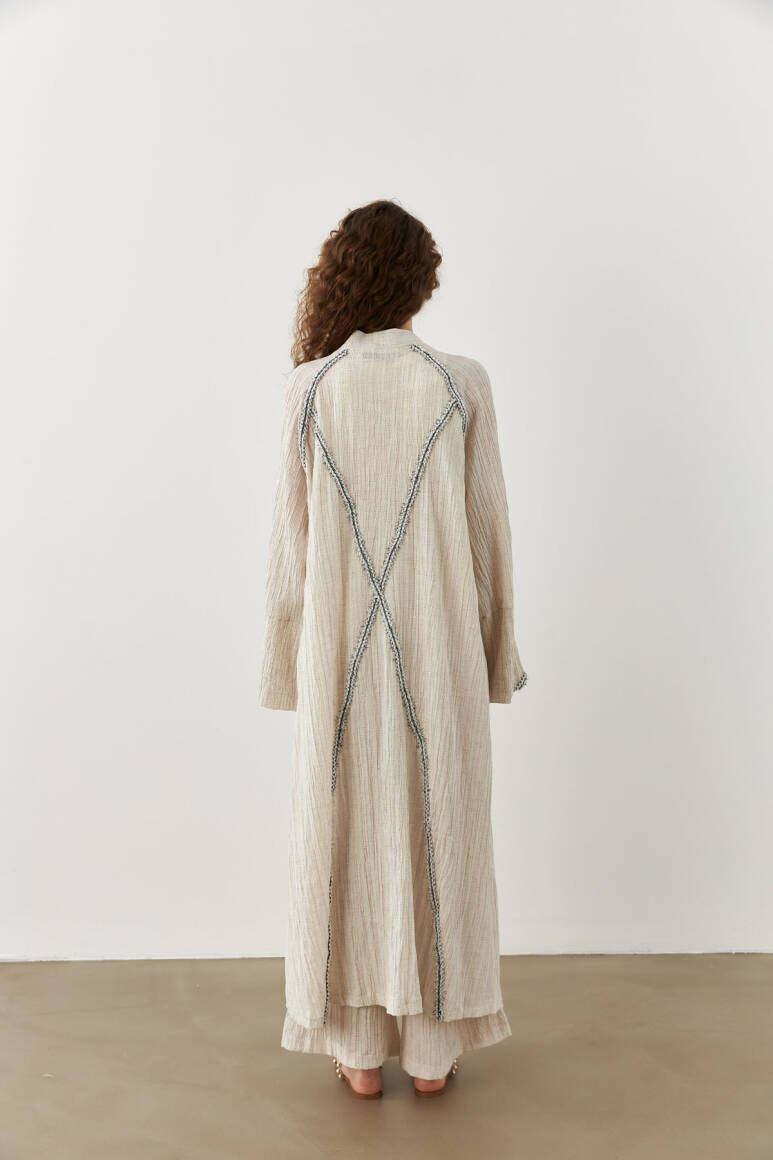 Şerit Detaylı Uzun Kimono Ekru - 5
