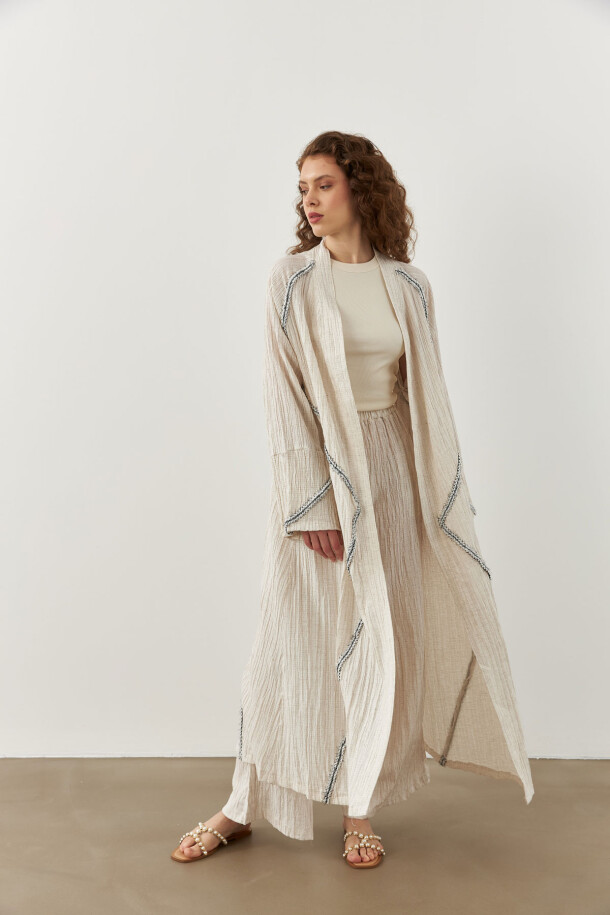 Şerit Detaylı Uzun Kimono Ekru - 2