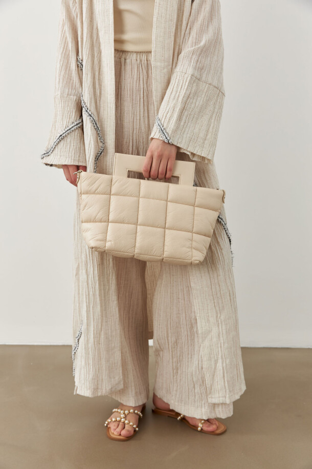 Şerit Detaylı Uzun Kimono Ekru - 4