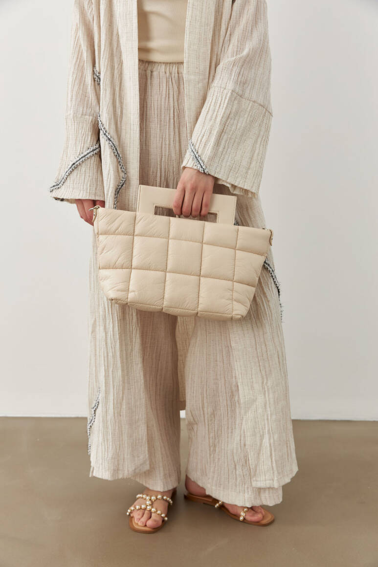 Şerit Detaylı Uzun Kimono Ekru - 4