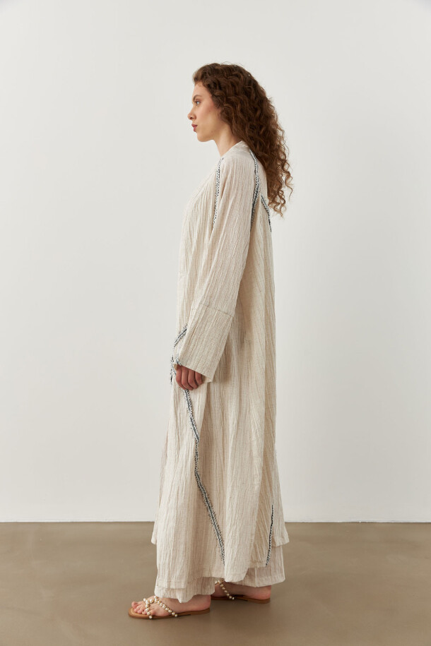 Şerit Detaylı Uzun Kimono Ekru - 3
