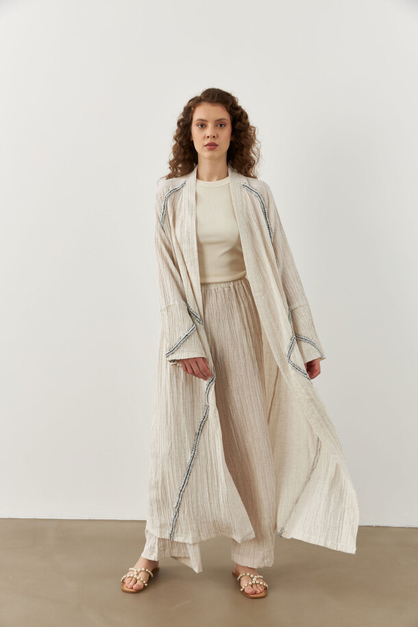 Şerit Detaylı Uzun Kimono Ekru - 1