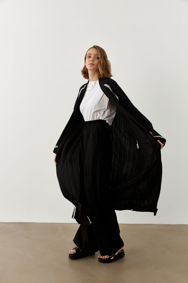 Şerit Detaylı Uzun Kimono Siyah - 3