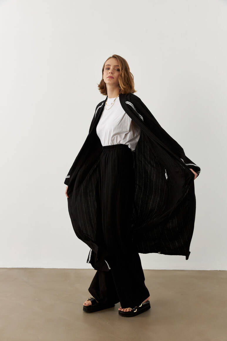 Şerit Detaylı Uzun Kimono Siyah - 3