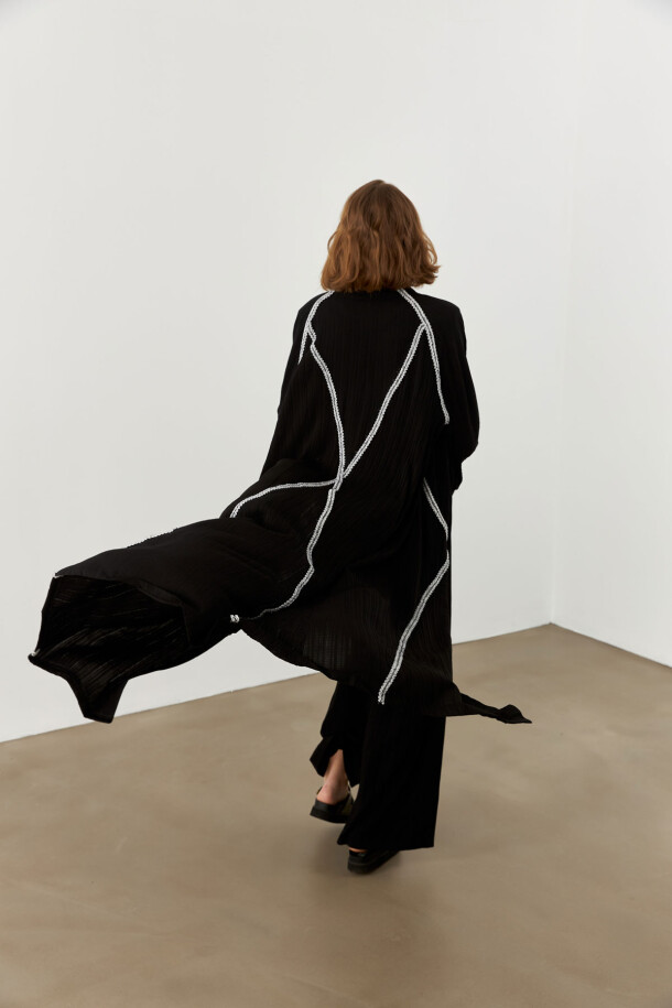 Şerit Detaylı Uzun Kimono Siyah - 5