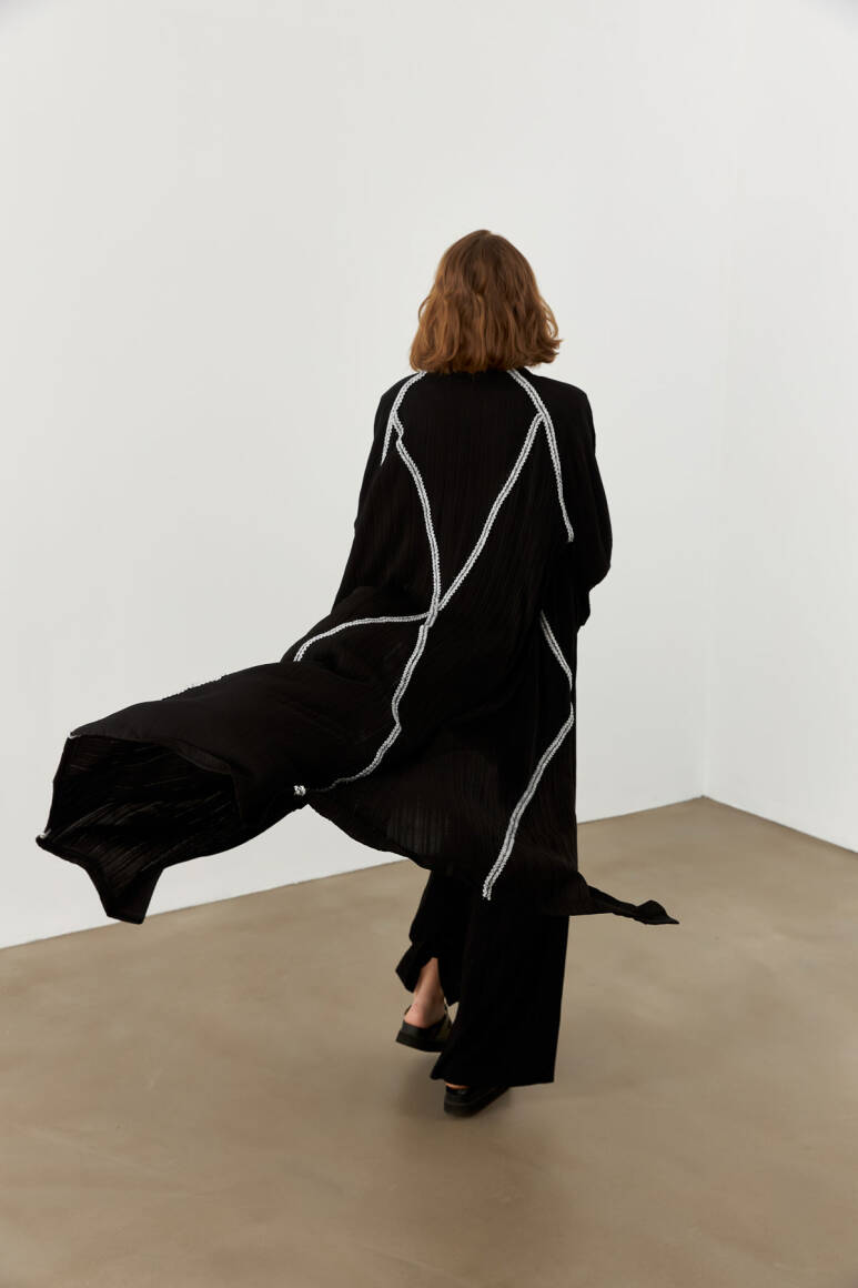 Şerit Detaylı Uzun Kimono Siyah - 5