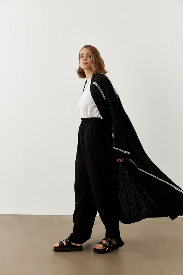 Şerit Detaylı Uzun Kimono Siyah - 4