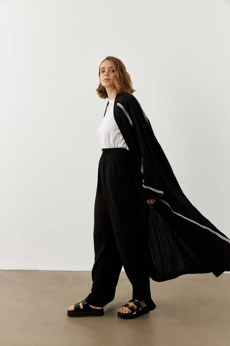 Şerit Detaylı Uzun Kimono Siyah - 4