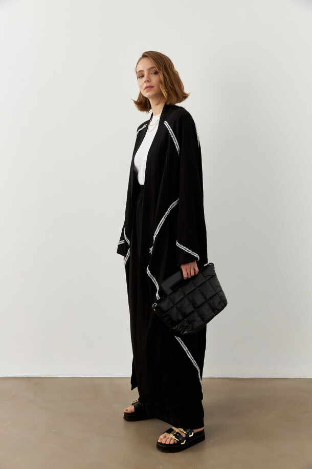 Şerit Detaylı Uzun Kimono Siyah - 2