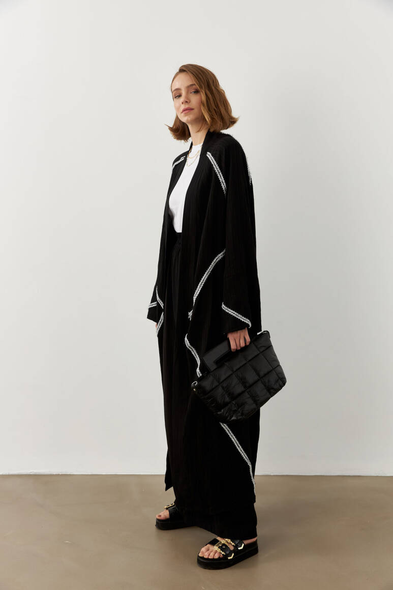 Şerit Detaylı Uzun Kimono Siyah - 2