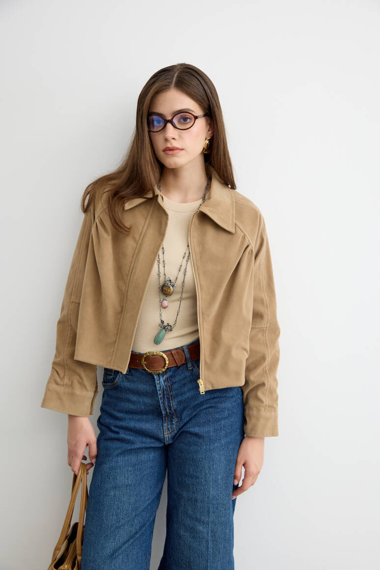 Süet Bomber Ceket Bej - EMNORA