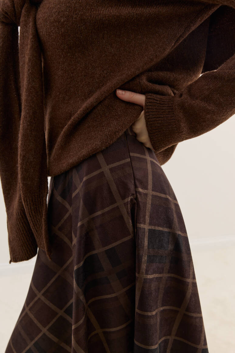 Süet Kloş Etek Acı Kahve Ekose - 4