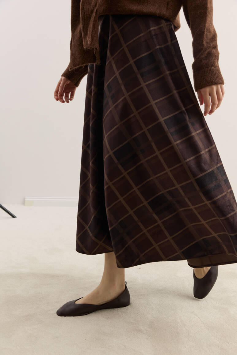 Süet Kloş Etek Acı Kahve Ekose - 3