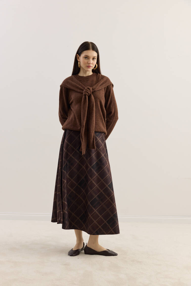 Süet Kloş Etek Acı Kahve Ekose - 2