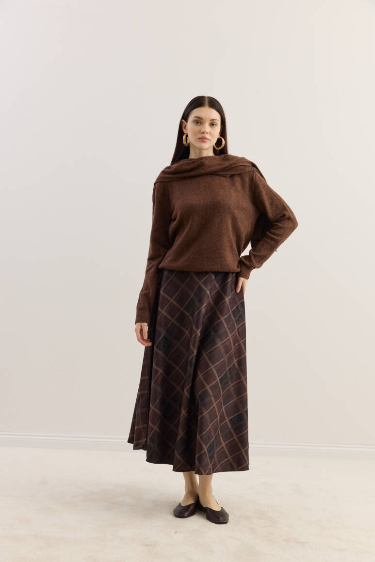 Süet Kloş Etek Acı Kahve Ekose - 6