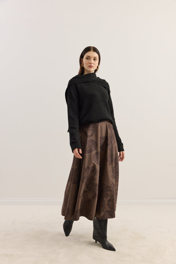 Süet Kloş Etek Acı Kahve Şal Desen - EMNORA (1)