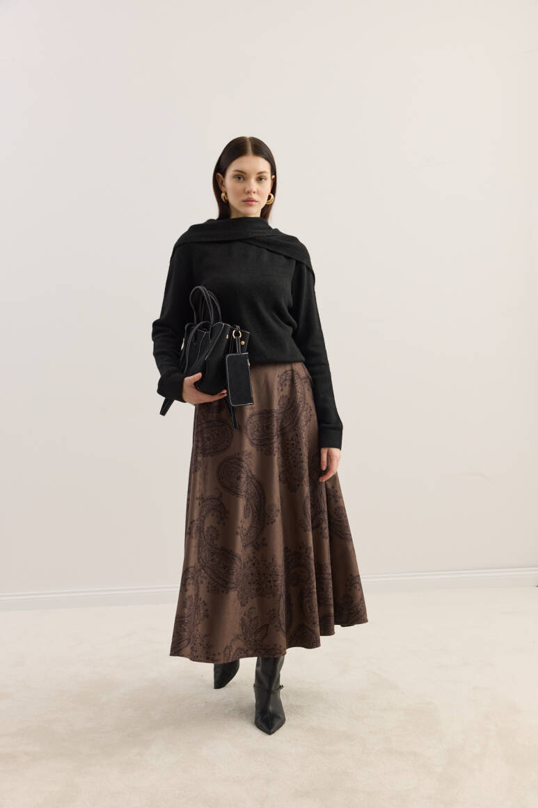 Süet Kloş Etek Acı Kahve Şal Desen - 1