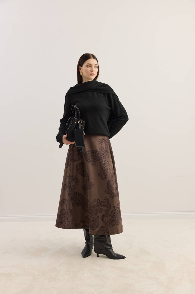 Süet Kloş Etek Acı Kahve Şal Desen - 3