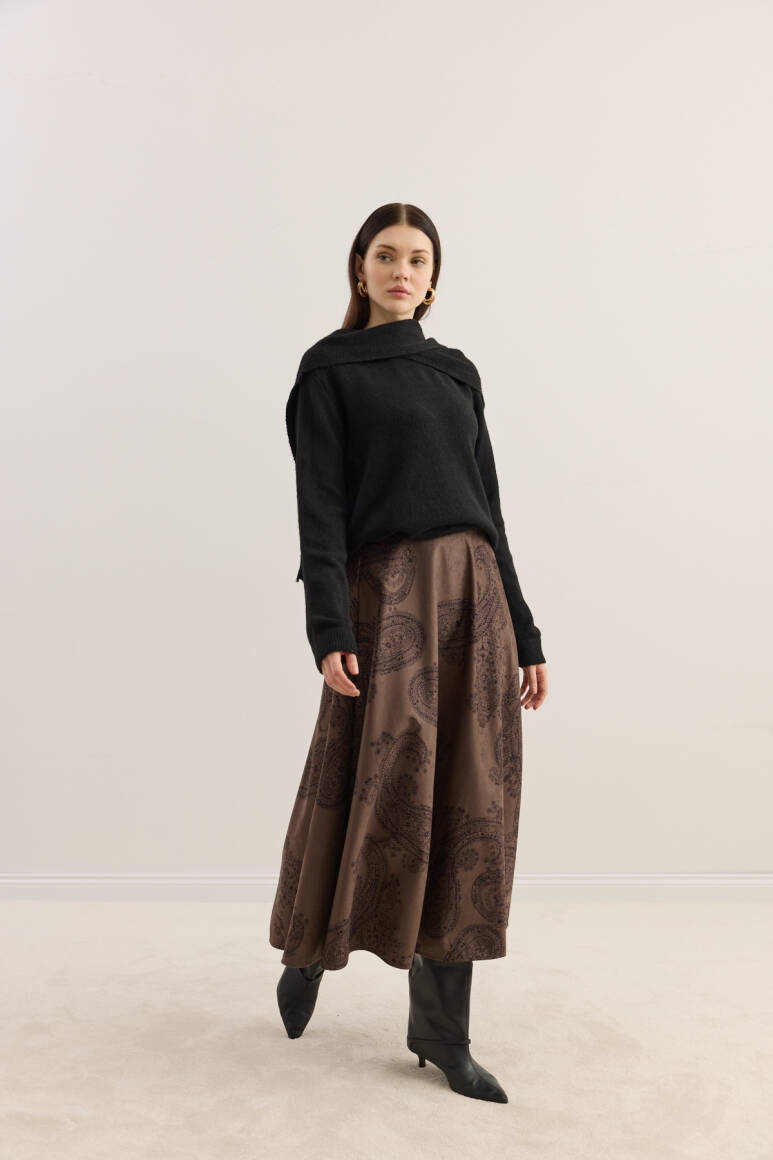 Süet Kloş Etek Acı Kahve Şal Desen - 2