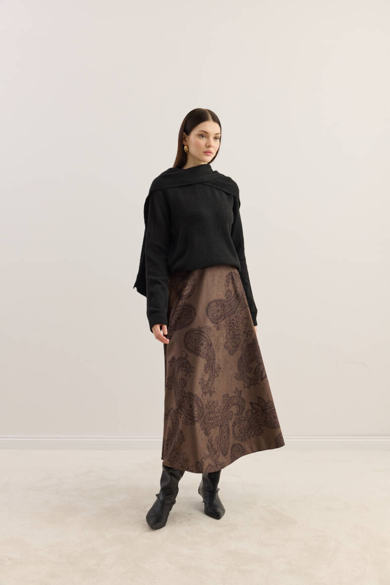 Süet Kloş Etek Acı Kahve Şal Desen - 5