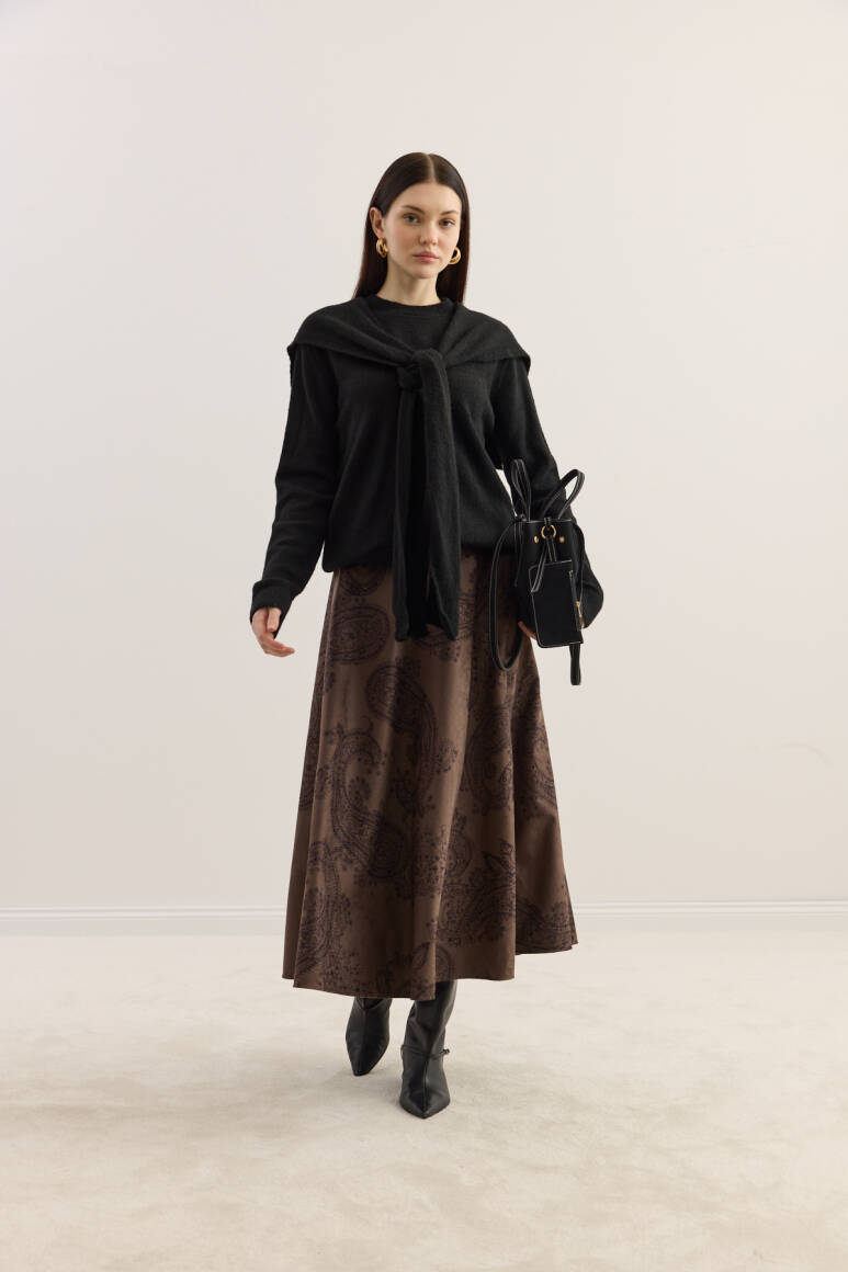 Süet Kloş Etek Acı Kahve Şal Desen - 4