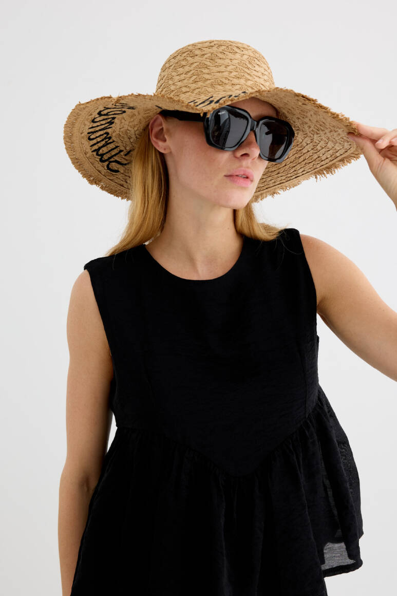 Summer Nakışlı Hasır Şapka Camel - 10