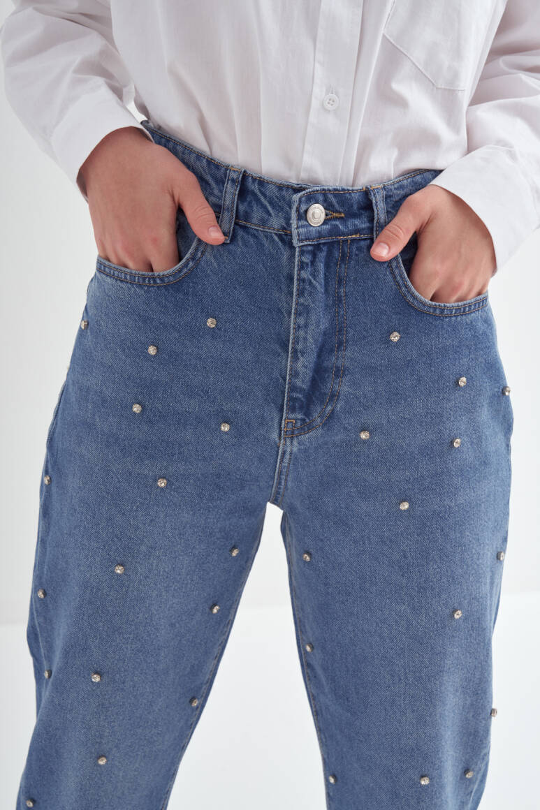 Taş İşlemeli Mom Fit Pantolon Mavi - 9