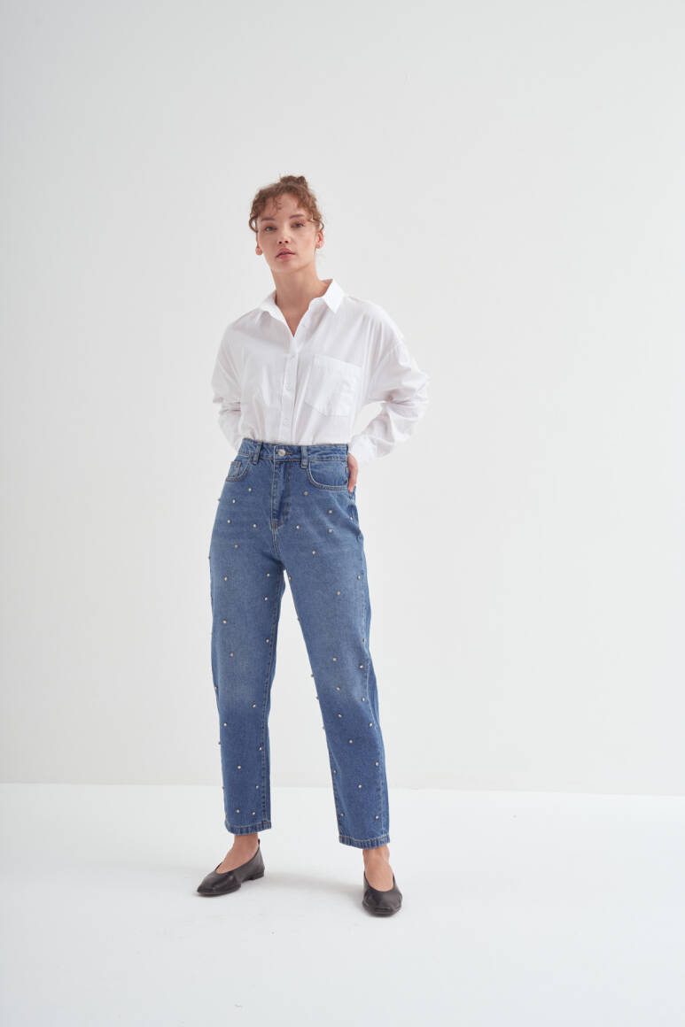 Taş İşlemeli Mom Fit Pantolon Mavi - 10