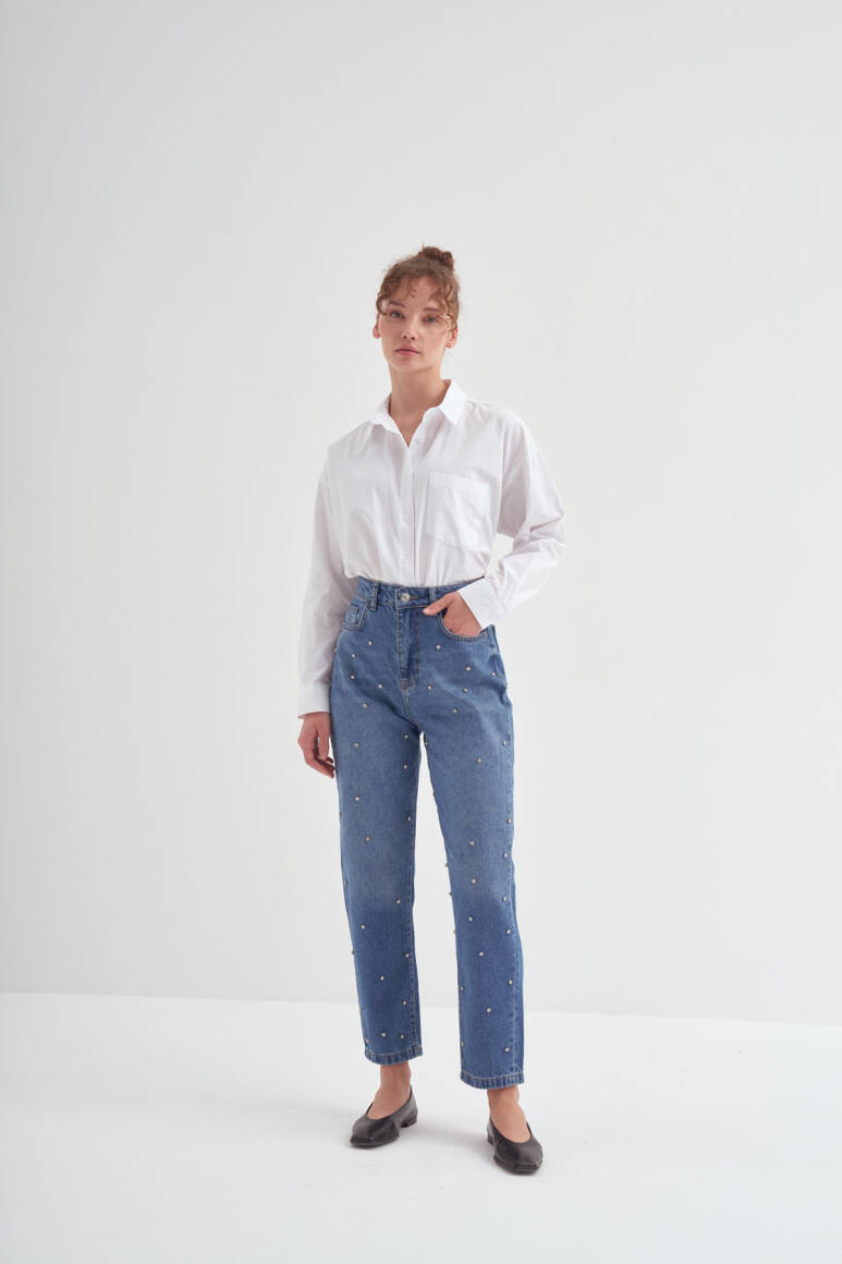 Taş İşlemeli Mom Fit Pantolon Mavi - 11