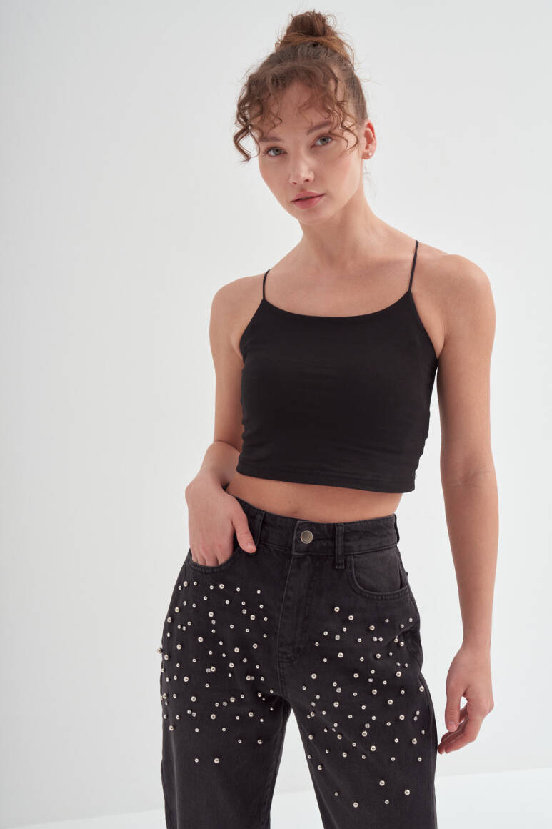 Taş İşlemeli Mom Fit Pantolon Siyah - 5